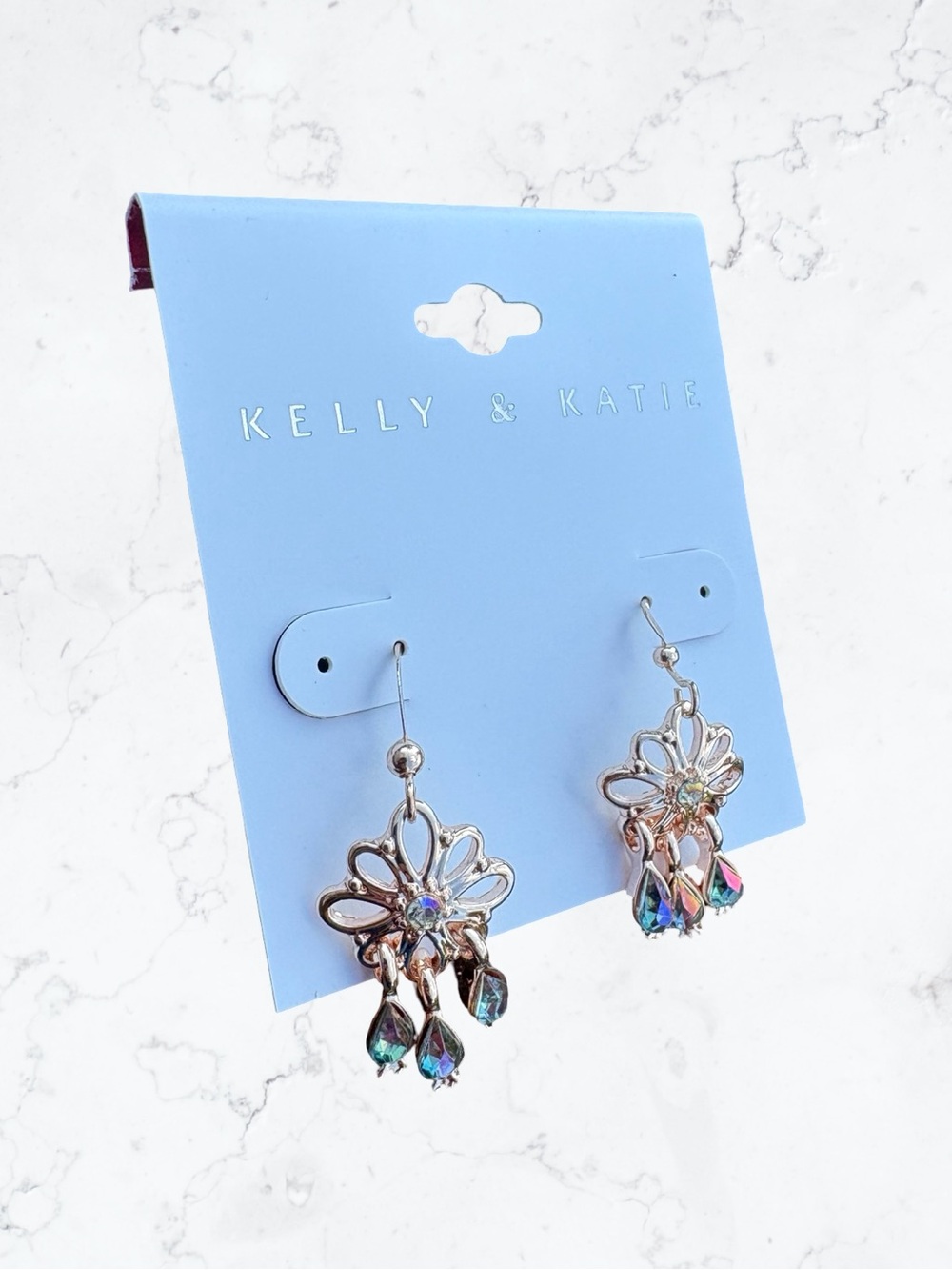 Kelly & Katie Silver Flower Drop Earrings with Iridescent Gems